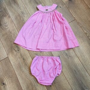 Petit Ami Pink Gingham Dress with Watermelon Embroidery